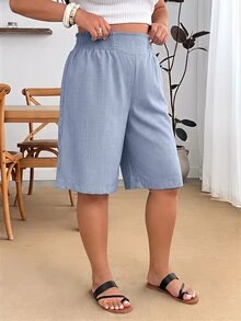 Enliva Plus Size Elastic Waist Woven Casual Six-Point Shorts - Dusty Blue - View 6
