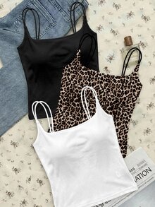 Tseoso 3 Packs Women's Ribbed Camisole Tops With Built-In Padded Bra,White Animal Print,Summer,Casual,Night Out Versatile Tank Tops For Gym,Streetwear,Sports - Black - View 4