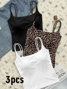 Tseoso 3 Packs Women's Ribbed Camisole Tops With Built-In Padded Bra,White Animal Print,Summer,Casual,Night Out Versatile Tank Tops For Gym,Streetwear,Sports - Black - View 2