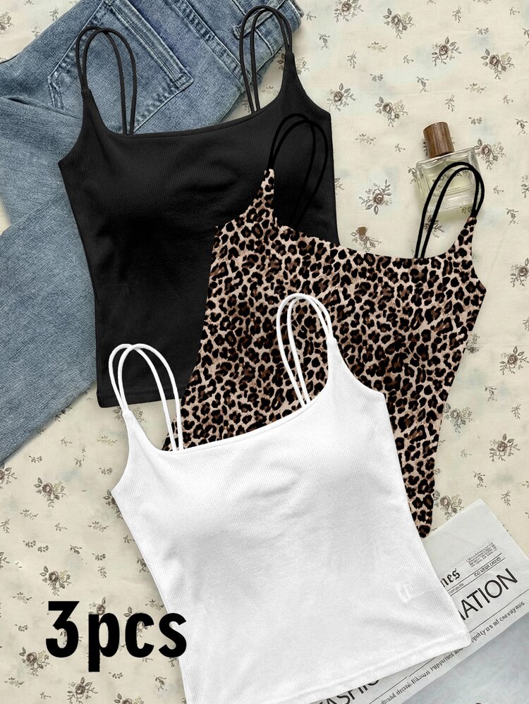 Tseoso 3 Packs Women's Ribbed Camisole Tops With Built-In Padded Bra,White Animal Print,Summer,Casual,Night Out Versatile Tank Tops For Gym,Streetwear,Sports - Black - View 2
