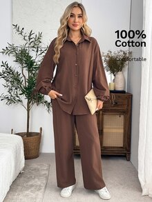 EMERY ROSE Women's Minimalist Single-Breasted Shirt And Casual Long Pants 2 Pieces Set Everyday Day Time Coffee Brown Autumn - Brown - View 2