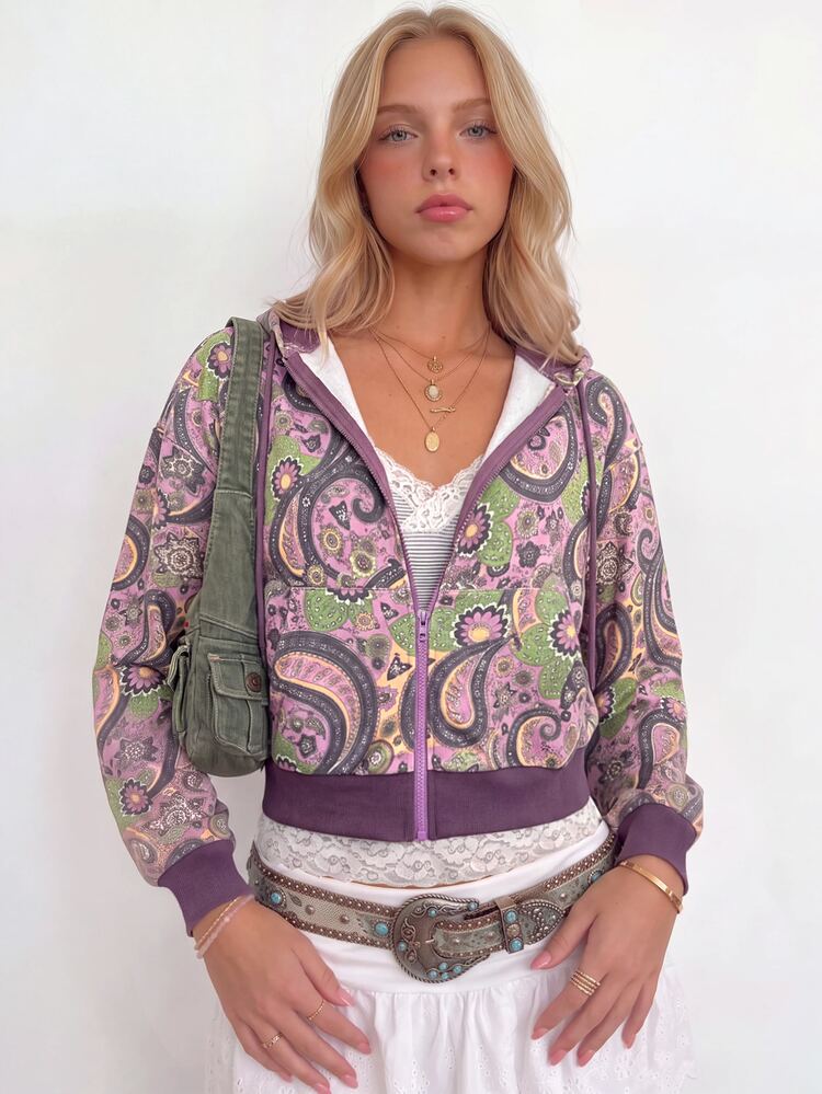 Sundraya Women's Casual Hooded Sweatshirt With Cashew Print, Long Sleeve And Zipper Front For Vacation - Multicolor - View 4