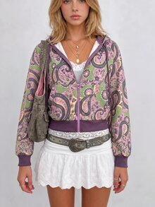Sundraya 女款休閒連帽衛衣，腰果印花，長袖前拉鍊設計，適合度假 - 彩色 - 查看 3