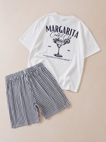 FROVYX 男士T恤套裝，美式復古Margarita印花T恤與條紋短褲組合套裝，適合日常休閒、朋友聚會、海灘度假 - 白色 - 查看 3