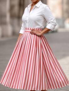 Elenzga Women's Autumn New Fashion Commuter Minimalist Basic White Shirt And Striped Ruched A-Line Skirt 2 Pieces Set, Suitable For Daily Wear - Multicolor - View 8