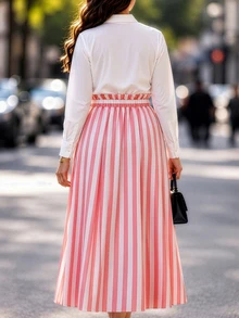 Elenzga Women's Autumn New Fashion Commuter Minimalist Basic White Shirt And Striped Ruched A-Line Skirt 2 Pieces Set, Suitable For Daily Wear - Multicolor - View 2