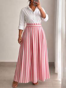 Elenzga Women's Autumn New Fashion Commuter Minimalist Basic White Shirt And Striped Ruched A-Line Skirt 2 Pieces Set, Suitable For Daily Wear - Multicolor - View 9