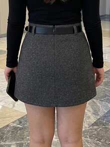 Dazy Plus Thick Wool Blend Fitted Fun Commuter Short Office Outfit Skirt - Grey - View 2