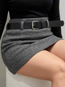Dazy Plus Thick Wool Blend Fitted Fun Commuter Short Office Outfit Skirt - Grey - View 3