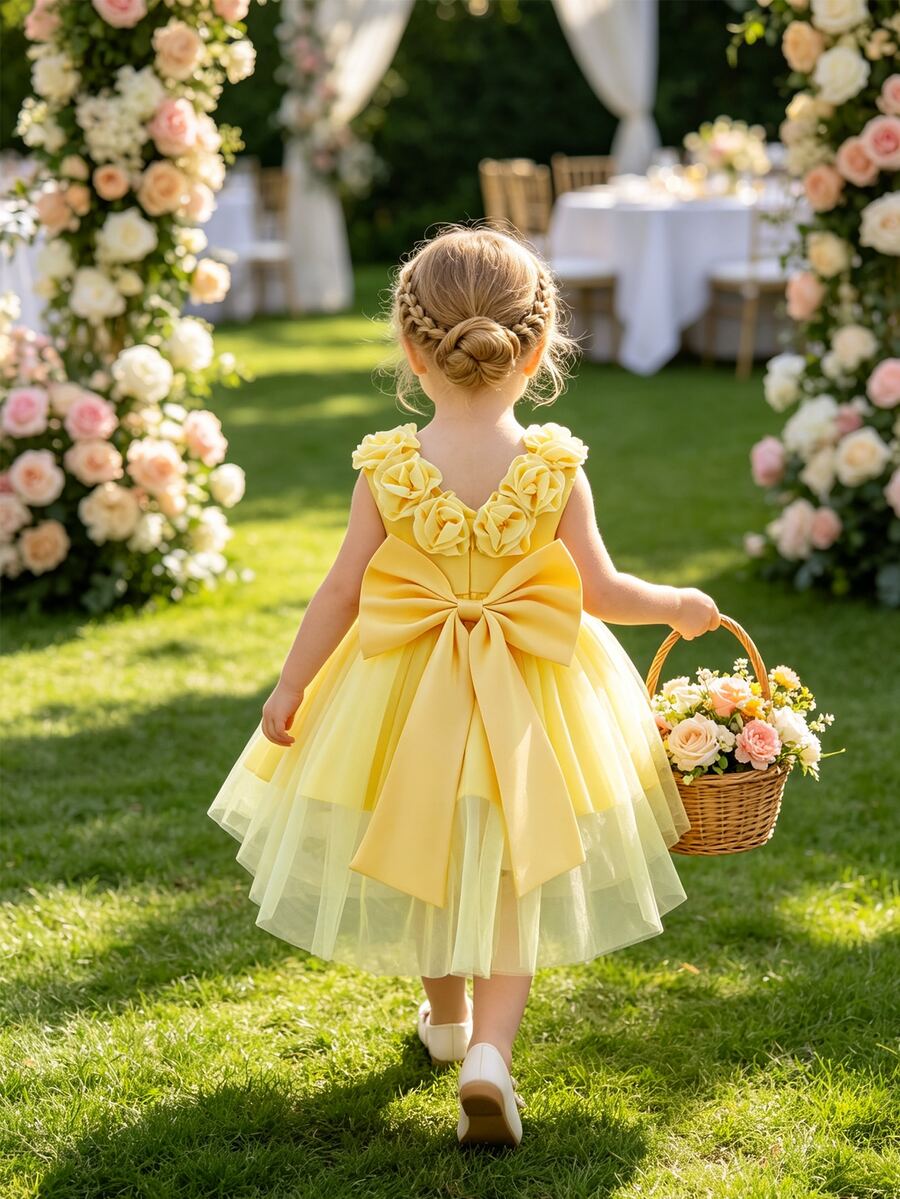 SHEIN Glamorique Kids 奶油黃緞面 3D 花朵高低裙擺可拆式蝴蝶結大蓬裙 女嬰 1 歲生日派對伴娘婚禮花童秋季款