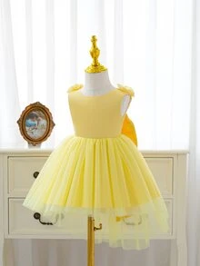 SHEIN Glamorique Kids 奶油黃緞面 3D 花朵高低裙擺可拆式蝴蝶結大蓬裙 女嬰 1 歲生日派對伴娘婚禮花童秋季款 - 黃色 - 查看 6