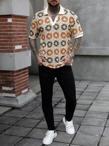 Manfinity CasualCool 男士經典版型鉤編針織 Polo 衫，花卉圖案，夏季休閒短袖，男士花卉鉤編襯衫 - 彩色 - 查看 4