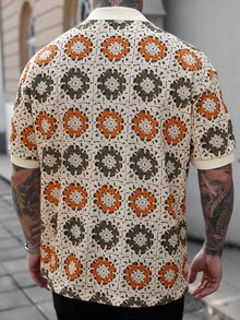 Manfinity CasualCool 男士經典版型鉤編針織 Polo 衫，花卉圖案，夏季休閒短袖，男士花卉鉤編襯衫 - 彩色 - 查看 2