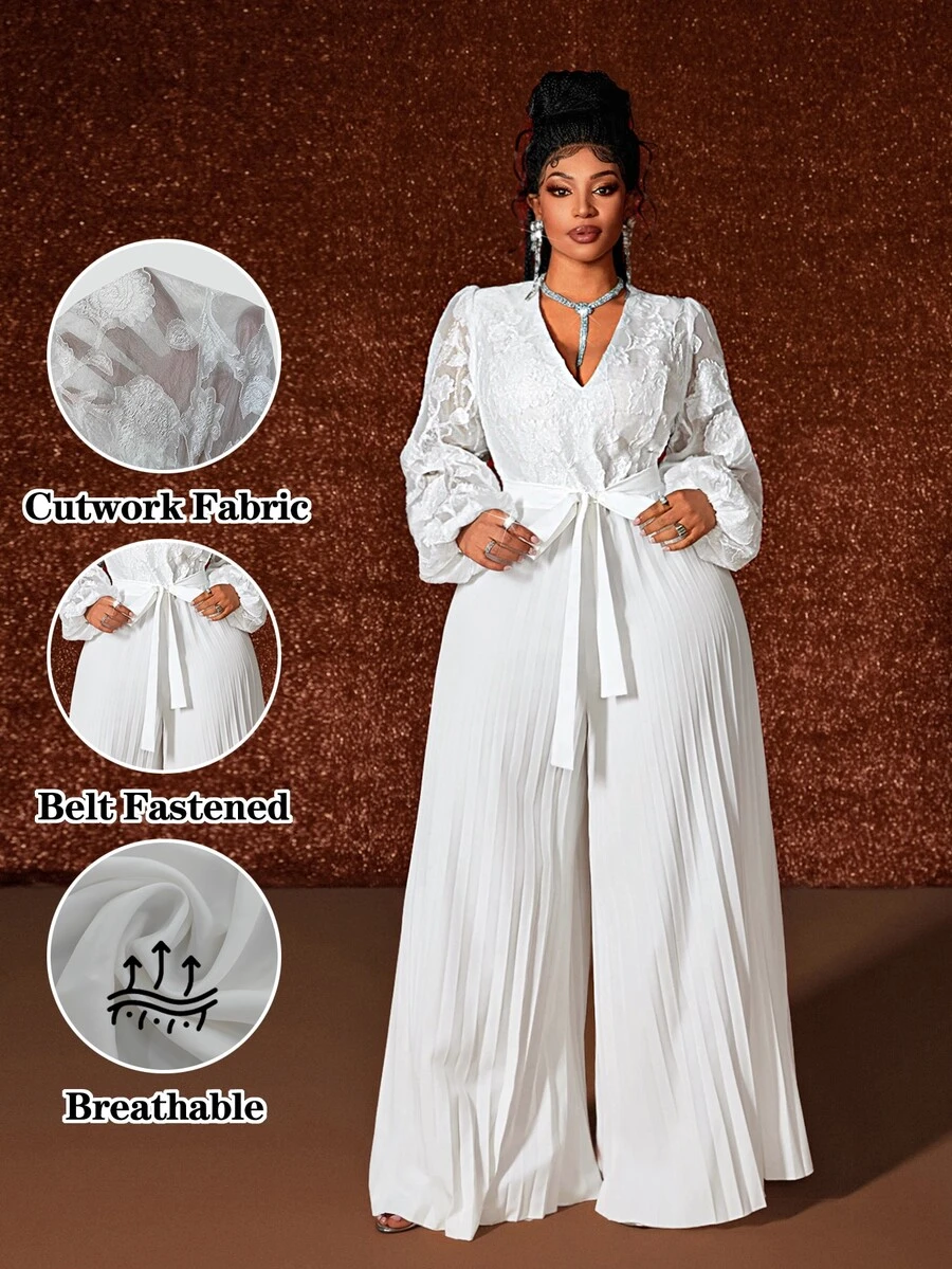 Maweii Plus-Size New Year's Holiday Deep V-Neck Lantern Long-Sleeved Sheer Chiffon Floral Jumpsuit Fall - White - View 1