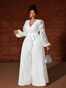 Maweii Plus-Size New Year's Holiday Deep V-Neck Lantern Long-Sleeved Sheer Chiffon Floral Jumpsuit Fall - White - View 4