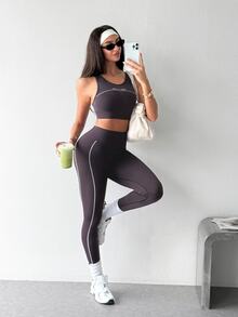SHEIN Sports 女款字母印花上衣與緊身褲休閒日常運動套裝 - 灰色 - 查看 2