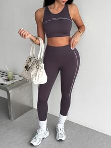 SHEIN Sports 女款字母印花上衣與緊身褲休閒日常運動套裝 - 灰色 - 查看 4