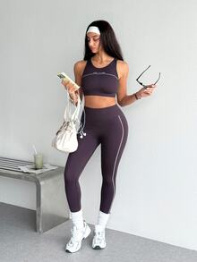 SHEIN Sports 女款字母印花上衣與緊身褲休閒日常運動套裝 - 灰色 - 查看 5