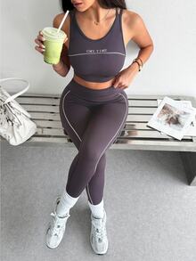 SHEIN Sports 女款字母印花上衣與緊身褲休閒日常運動套裝 - 灰色 - 查看 6