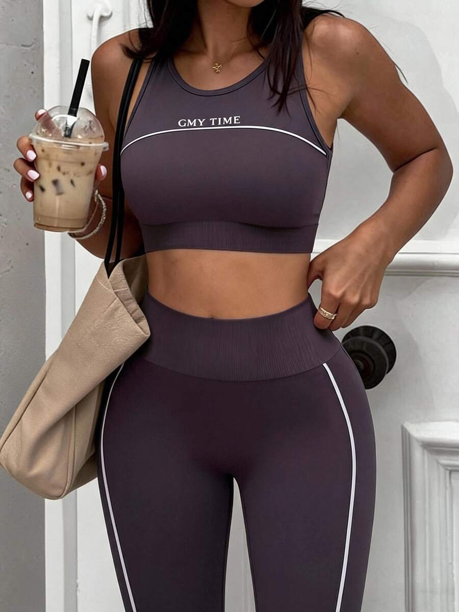 SHEIN Sports 女款字母印花上衣與緊身褲休閒日常運動套裝 - 灰色 - 查看 1