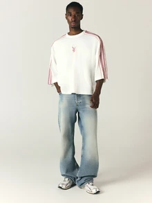 PLAYBOY X SUMWON Bunny Logo Boxy Crop Tee With Pink Contrast Stripe Sleeves Crew Neck Short Sleeve Streetwear Top - White - View 3
