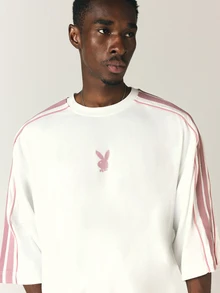 PLAYBOY X SUMWON Bunny Logo Boxy Crop Tee With Pink Contrast Stripe Sleeves Crew Neck Short Sleeve Streetwear Top - White - View 5