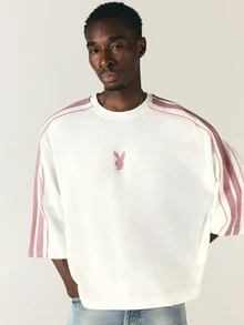 PLAYBOY X SUMWON Bunny Logo Boxy Crop Tee With Pink Contrast Stripe Sleeves Crew Neck Short Sleeve Streetwear Top - White - View 1
