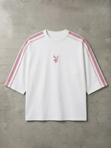 PLAYBOY X SUMWON Bunny Logo Boxy Crop Tee With Pink Contrast Stripe Sleeves Crew Neck Short Sleeve Streetwear Top - White - View 2