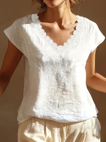 SHEIN Holidaya 奶奶風女款夏季V領短袖上衣，白色蕾絲飾邊，寬鬆版型透氣棉質面料，適合日常穿著、通勤、早午餐、度假休閒 - 白色 - 查看 7