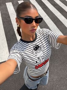 Muchica GARFIELD | SHEIN 女款條紋字母卡通印花休閒日常短袖T恤 - 彩色 - 查看 4