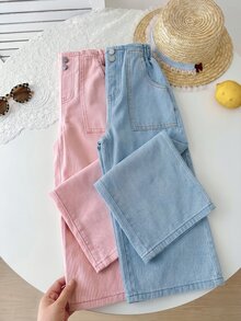 SHEIN 2pcs/Set Girls Pink & White Denim Loose Long Pants - Multicolor - View 7