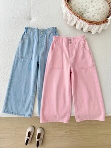 SHEIN 2pcs/Set Girls Pink & White Denim Loose Long Pants - Multicolor - View 6