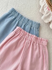 SHEIN 2pcs/Set Girls Pink & White Denim Loose Long Pants - Multicolor - View 3