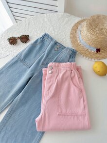 SHEIN 2pcs/Set Girls Pink & White Denim Loose Long Pants - Multicolor - View 8