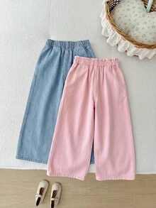 SHEIN 2pcs/Set Girls Pink & White Denim Loose Long Pants - Multicolor - View 2