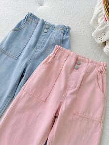 SHEIN 2pcs/Set Girls Pink & White Denim Loose Long Pants - Multicolor - View 5