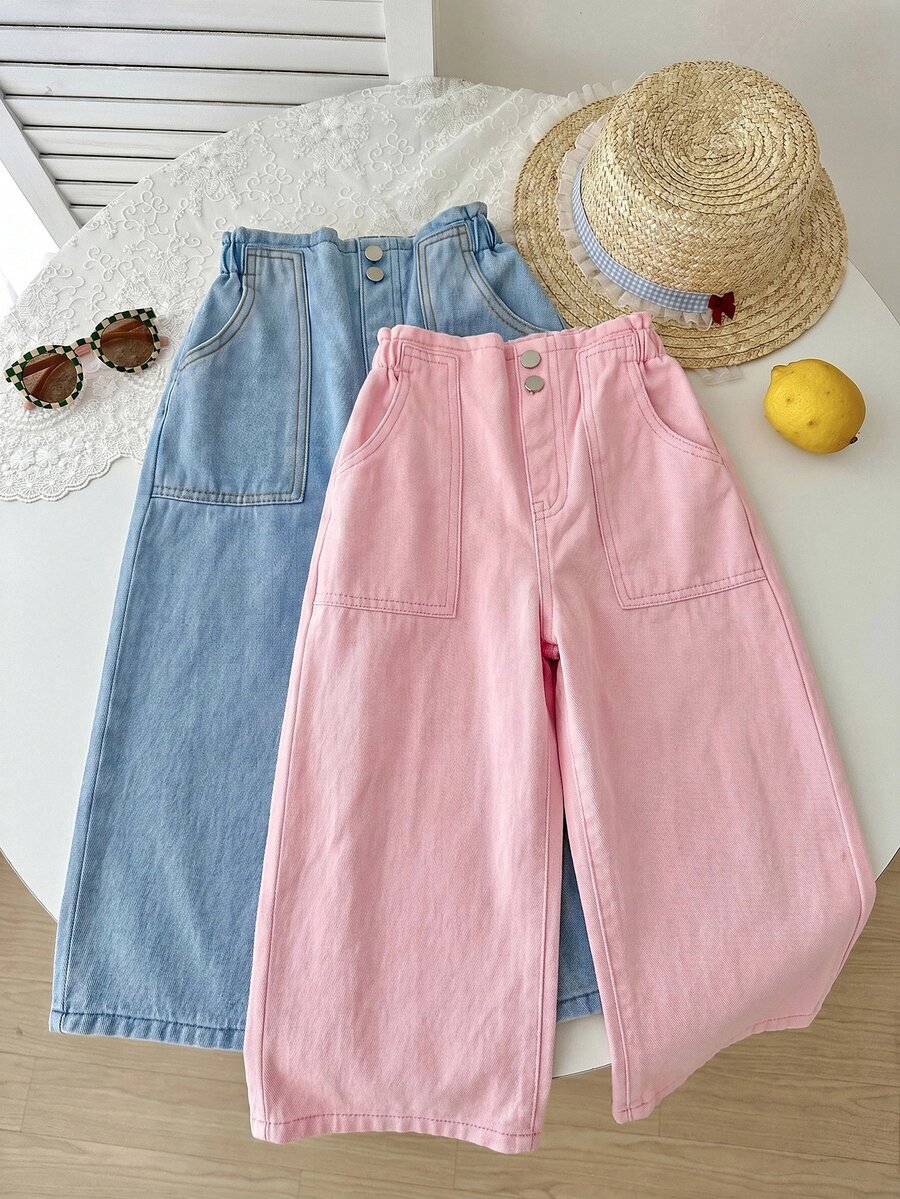 SHEIN 2pcs/Set Girls Pink & White Denim Loose Long Pants - Multicolor - View 1