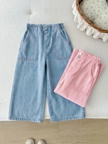 SHEIN 2pcs/Set Girls Pink & White Denim Loose Long Pants - Multicolor - View 4