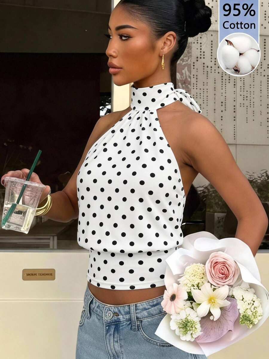 Muchica 女款簡約舒適素色背心上衣 白色配黑色圓點 優雅休閒時尚圖案 - 白色 - 查看 1