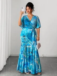 Elenzga 大尺碼女款浪漫優雅溫柔風淺藍色金邊大理石印花短袖修身綁帶V領婚禮賓客晚禮服夏季 - 藍色 - 查看 5