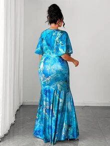 Elenzga 大尺碼女款浪漫優雅溫柔風淺藍色金邊大理石印花短袖修身綁帶V領婚禮賓客晚禮服夏季 - 藍色 - 查看 3