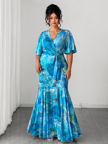 Elenzga 大尺碼女款浪漫優雅溫柔風淺藍色金邊大理石印花短袖修身綁帶V領婚禮賓客晚禮服夏季 - 藍色 - 查看 2
