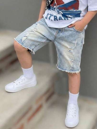 Teen Boy Fashion Casual Y2k Vintage Cool Street Street Academy Light Blue Hole-Punched Skinny Denim Shorts For Dailywear And Spring To Summer Rave Festival And Streetwear