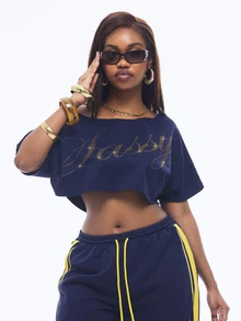 Vadaroq Women's Summer Y2K Streetwear Going Out Casual Graphic Off Shoulder Cropped Rhinestone White T-Shirt - Navy Blue - View 2