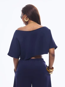 Vadaroq Women's Summer Y2K Streetwear Going Out Casual Graphic Off Shoulder Cropped Rhinestone White T-Shirt - Navy Blue - View 4