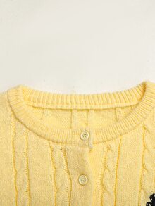 SHEIN 青少年女孩純色黃色Logo刺繡針織開襟衫，適合秋冬、返校季，學院風 - 黃色 - 查看 5