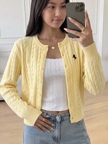 SHEIN 青少年女孩純色黃色Logo刺繡針織開襟衫，適合秋冬、返校季，學院風 - 黃色 - 查看 1