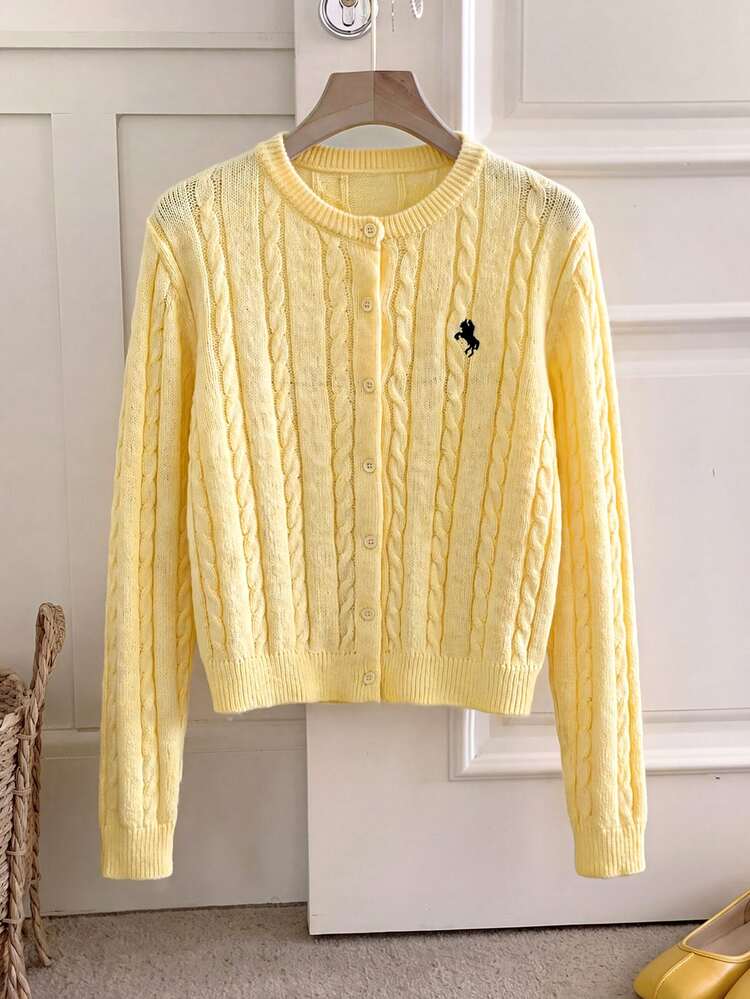 SHEIN Teen Girl Teen Girls Solid Yellow Logo EMB Cardigan For Fall/Winter, Back To School, Preppy Style - Yellow - View 10