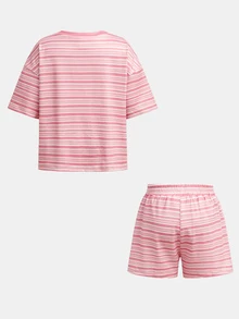 SHEIN Young Girl Striped Cherry Print Round Neck Short Sleeve T-Shirt And Shorts Casual Set - Multicolor - View 8