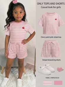 SHEIN Young Girl Striped Cherry Print Round Neck Short Sleeve T-Shirt And Shorts Casual Set - Multicolor - View 2